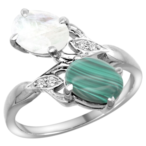 Picture of 10K White Gold Diamond Natural Malachite & Rainbow Moonstone 2-stone Ring Oval 8x6mm, sizes 5 - 10