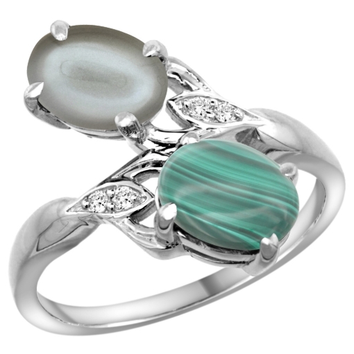 Picture of 10K White Gold Diamond Natural Malachite & Gray Moonstone 2-stone Ring Oval 8x6mm, sizes 5 - 10