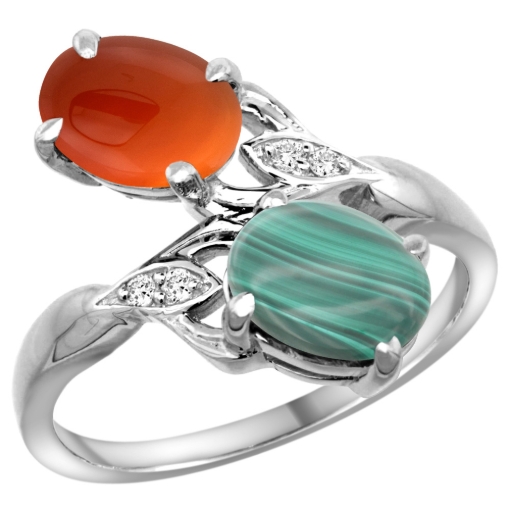 Picture of 10K White Gold Diamond Natural Malachite & Brown Agate 2-stone Ring Oval 8x6mm, sizes 5 - 10