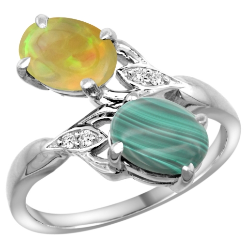 Picture of 10K White Gold Diamond Natural Malachite & Ethiopian Opal 2-stone Mothers Ring Oval 8x6mm, size 5 - 10