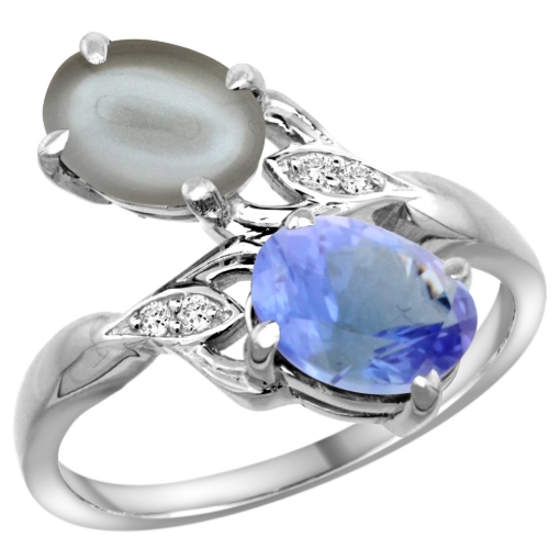 Picture of 10K White Gold Diamond Natural Tanzanite & Gray Moonstone 2-stone Ring Oval 8x6mm, sizes 5 - 10