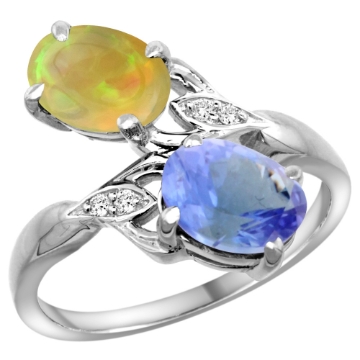 Picture of 10K White Gold Diamond Natural Tanzanite & Ethiopian Opal 2-stone Mothers Ring Oval 8x6mm, size 5 - 10