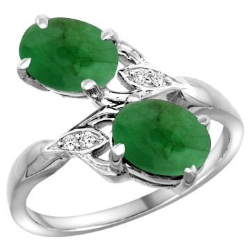 Picture of 10K White Gold Diamond Natural Cabochon Emerald 2-stone Ring Oval 8x6mm, sizes 5 - 10