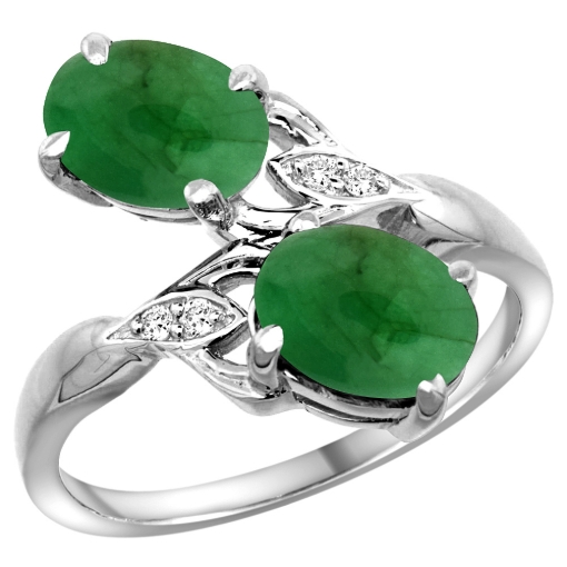 Picture of 10K White Gold Diamond Natural Cabochon Emerald 2-stone Ring Oval 8x6mm, sizes 5 - 10