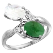 Picture of 10K White Gold Diamond Natural Cabochon Emerald & Rainbow Moonstone 2-stone Ring Oval 8x6mm, sizes 5 - 10