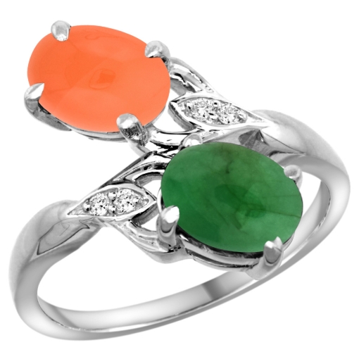 Picture of 10K White Gold Diamond Natural Cabochon Emerald & Orange Moonstone 2-stone Ring Oval 8x6mm, sizes 5 - 10