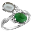 Picture of 10K White Gold Diamond Natural Cabochon Emerald & Gray Moonstone 2-stone Ring Oval 8x6mm, sizes 5 - 10