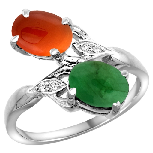 Picture of 10K White Gold Diamond Natural Cabochon Emerald & Brown Agate 2-stone Ring Oval 8x6mm, sizes 5 - 10