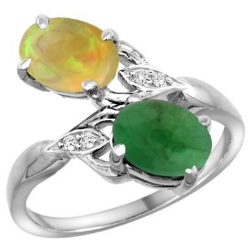 Picture of 10K White Gold Diamond Natural Cabochon Emerald & Ethiopian Opal 2-stone Mothers Ring Oval 8x6mm,sz5 - 10