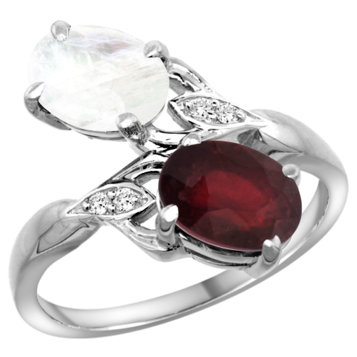 Picture of 10K White Gold Diamond Natural Ruby Rainbow Moonstone 2-stone Mothers Ring Oval 8x6mm size 5-10