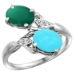Picture of 10K White Gold Diamond Natural Emerald Turquoise 2-stone Mothers Ring Oval 8x6mm size 5 - 10