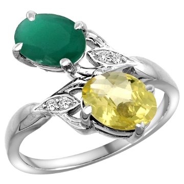 Picture of 10K White Gold Diamond Natural Emerald Lemon Quartz 2-stone Mothers Ring Oval 8x6mm size 5-10