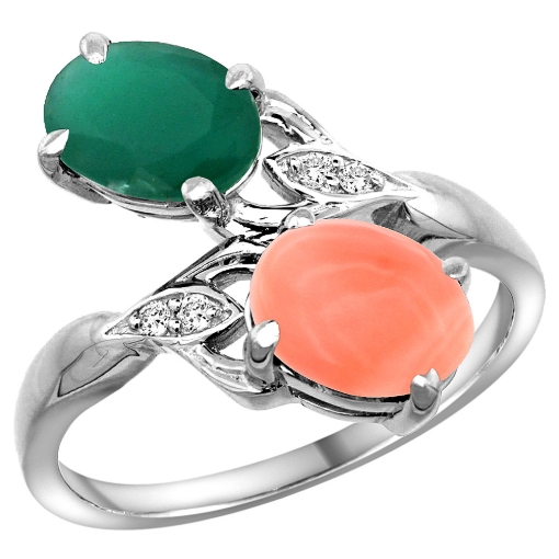 Picture of 10K White Gold Diamond Natural Emerald Coral 2-stone Mothers Ring Oval 8x6mm size 5 - 10