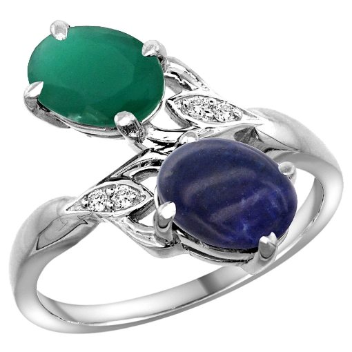 Picture of 10K White Gold Diamond Natural Emerald Lapis Lazuli 2-stone Mothers Ring Oval 8x6mm size 5-10