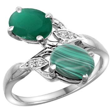 Picture of 10K White Gold Diamond Natural Emerald Malachite 2-stone Mothers Ring Oval 8x6mm size 5 - 10