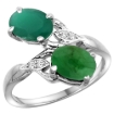 Picture of 10K White Gold Diamond Natural Emerald Cabochon Emerald 2-stone Mothers Ring Oval 8x6mm size 5-10