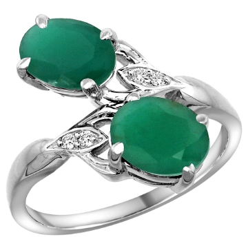 Picture of 10K White Gold Diamond Natural Emerald 2-stone Mothers Ring Oval 8x6mm size 5 - 10