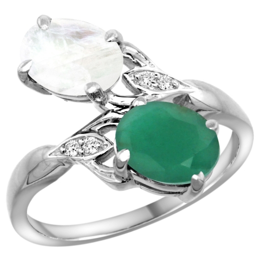 Picture of 10K White Gold Diamond Natural Emerald Rainbow Moonstone 2-stone Mothers Ring Oval 8x6mm size 5 - 10