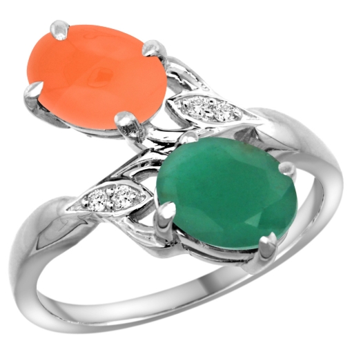 Picture of 10K White Gold Diamond Natural Emerald Orange Moonstone 2-stone Mothers Ring Oval 8x6mm size 5-10
