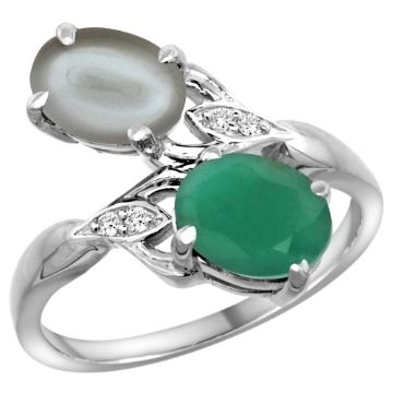Picture of 10K White Gold Diamond Natural Emerald Gray Moonstone 2-stone Mothers Ring Oval 8x6mm size 5-10