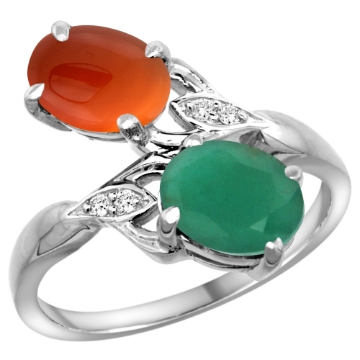 Picture of 10K White Gold Diamond Natural Emerald Brown Agate 2-stone Mothers Ring Oval 8x6mm size 5 - 10