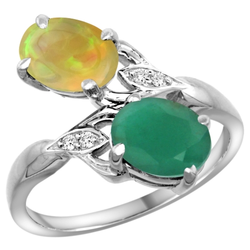 Picture of 10K White Gold Diamond Natural Emerald Ethiopian Opal 2-stone Mothers Ring Oval 8x6mm size 5-10