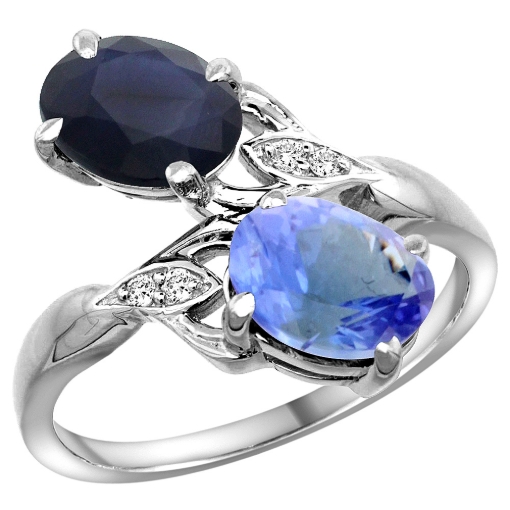 Picture of 10K White Gold Diamond Natural Blue Sapphire Tanzanite 2-stone Mothers Ring Oval 8x6mm size 5 - 10