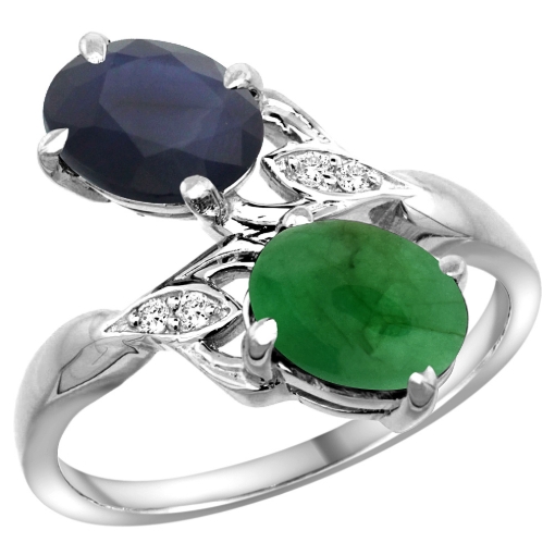 Picture of 10K White Gold Diamond Natural Blue Sapphire Cabochon Emerald 2-stone Ring Oval 8x6mm size 5-10