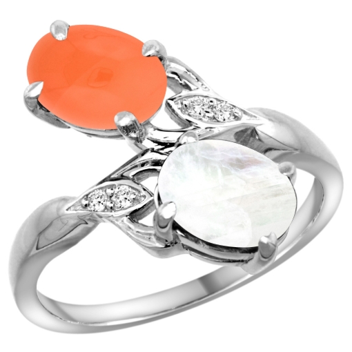 Picture of 10K White Gold Diamond Natural Rainbow& Orange Moonstones 2-stone Ring Oval 8x6mm, sizes 5 - 10