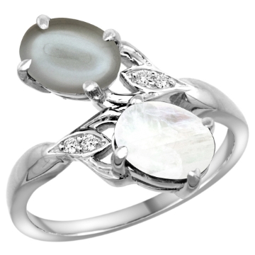 Picture of 10K White Gold Diamond Natural Rainbow & Gray Moonstones 2-stone Ring Oval 8x6mm, sizes 5 - 10