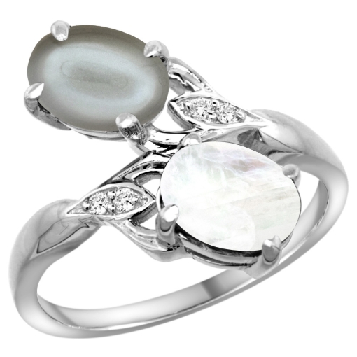 Picture of 10K White Gold Diamond Natural Rainbow & Gray Moonstones 2-stone Ring Oval 8x6mm, sizes 5 - 10