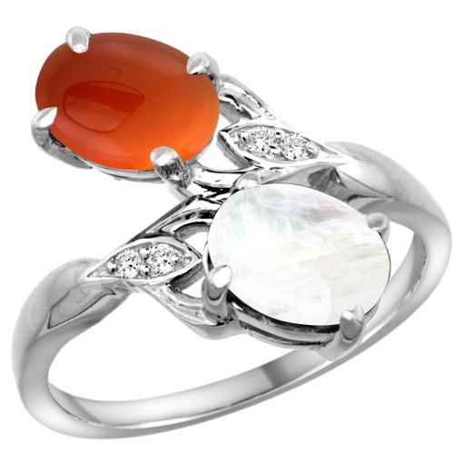 Picture of 10K White Gold Diamond Natural Rainbow Moonstone & Brown Agate 2-stone Ring Oval 8x6mm, sizes 5 - 10