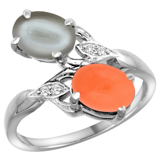 Picture of 10K White Gold Diamond Natural Orange & Gray Moonstones 2-stone Ring Oval 8x6mm, sizes 5 - 10