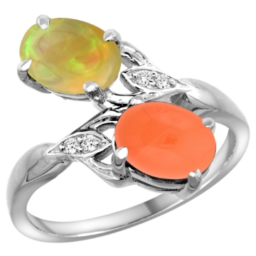 Picture of 10K White Gold Diamond Natural Orange Moonstone & Ethiopian Opal 2-stone Mothers Ring Oval 8x6mm,sz5 - 10