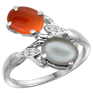 Picture of 10K White Gold Diamond Natural Gray Moonstone & Brown Agate 2-stone Ring Oval 8x6mm, sizes 5 - 10