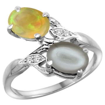 Picture of 10K White Gold Diamond Natural Gray Moonstone & Ethiopian Opal 2-stone Mothers Ring Oval 8x6mm, sz 5 - 10