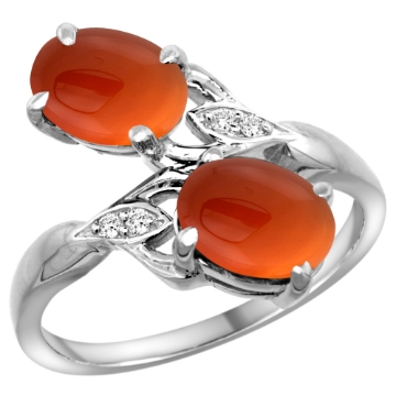 Picture of 10K White Gold Diamond Natural Brown Agate 2-stone Ring Oval 8x6mm, sizes 5 - 10