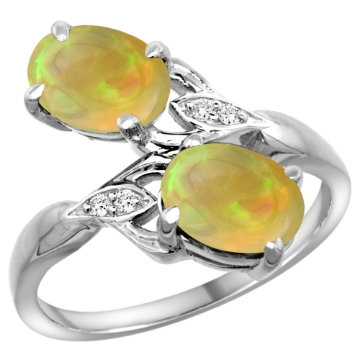 Picture of 10K White Gold Diamond Natural Ethiopian Opal 2-stone Mothers Ring Oval 8x6mm, size 5 - 10