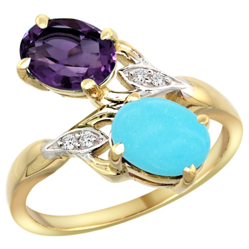 Picture of 10K Yellow Gold Diamond Natural Amethyst & Turquoise 2-stone Ring Oval 8x6mm, sizes 5 - 10