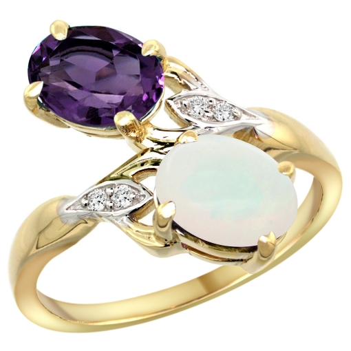 Picture of 10K Yellow Gold Diamond Natural Amethyst & Opal 2-stone Ring Oval 8x6mm, sizes 5 - 10