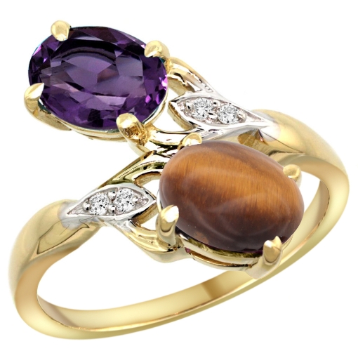 Picture of 10K Yellow Gold Diamond Natural Amethyst & Tiger Eye 2-stone Ring Oval 8x6mm, sizes 5 - 10