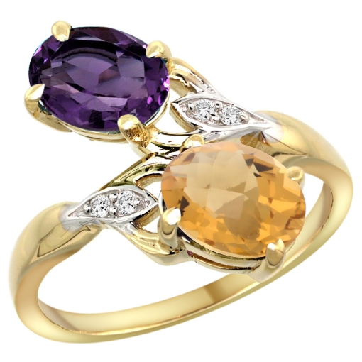 Picture of 10K Yellow Gold Diamond Natural Amethyst & Whisky Quartz 2-stone Ring Oval 8x6mm, sizes 5 - 10