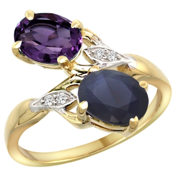 Picture of 10K Yellow Gold Diamond Natural Amethyst & Australian Sapphire 2-stone Ring Oval 8x6mm, sizes 5 - 10