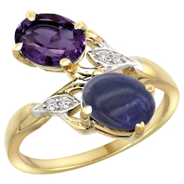 Picture of 10K Yellow Gold Diamond Natural Amethyst & Lapis 2-stone Ring Oval 8x6mm, sizes 5 - 10