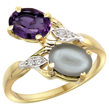 Picture of 10K Yellow Gold Diamond Natural Amethyst & Gray Moonstone 2-stone Ring Oval 8x6mm, sizes 5 - 10