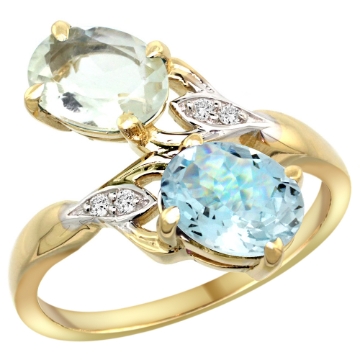 Picture of 10K Yellow Gold Diamond Natural Green Amethyst & Aquamarine 2-stone Ring Oval 8x6mm, sizes 5 - 10