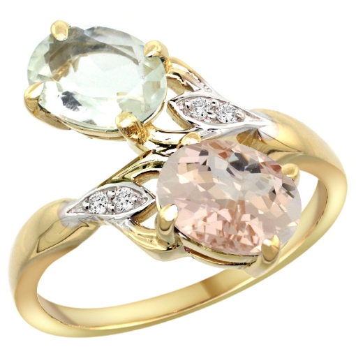 Picture of 10K Yellow Gold Diamond Natural Green Amethyst & Morganite 2-stone Ring Oval 8x6mm, sizes 5 - 10