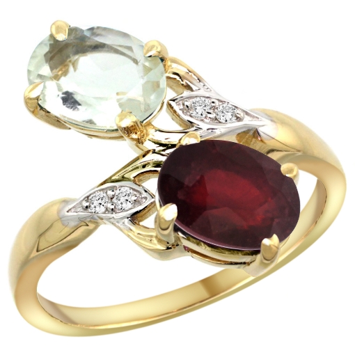 Picture of 10K Yellow Gold Diamond Natural Green Amethyst & Enhanced Genuine Ruby 2-stone Ring Oval 8x6mm, sizes 5 - 10