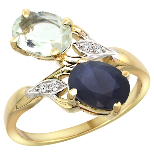 Picture of 10K Yellow Gold Diamond Natural Green Amethyst & Blue Sapphire 2-stone Ring Oval 8x6mm, sizes 5 - 10