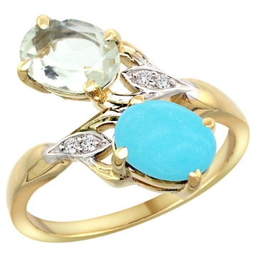 Picture of 10K Yellow Gold Diamond Natural Green Amethyst & Turquoise 2-stone Ring Oval 8x6mm, sizes 5 - 10